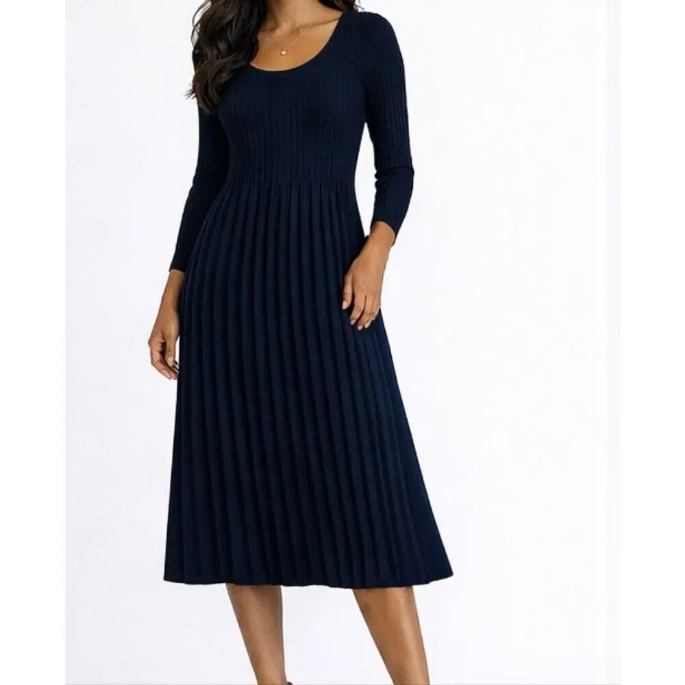 Eileen Fisher black 100% wool pleated scoop neck midi dress xs